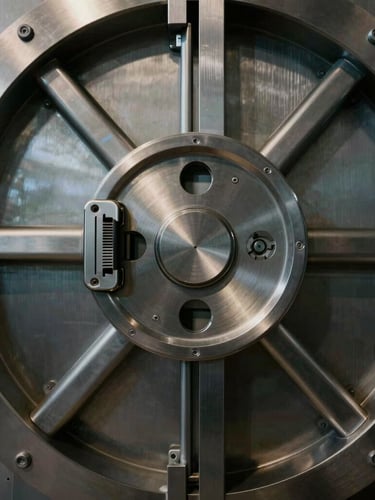 Symmetrical close-up of a brushed steel vault locking mechanism, dramatic directional lighting, deep shadows, cool-toned highlights.