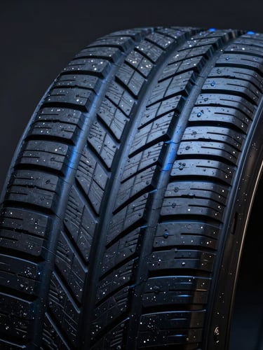 Macro close-up of high-performance tyre tread pattern, dramatic studio lighting with blue highlights, deep charcoal background, sharp details