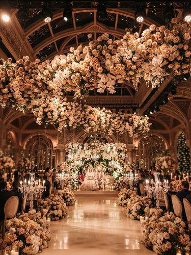 Wide environmental shot of a grand wedding pavilion in Dubai, architectural floral installations suspended from a high ceiling, warm ambient spotlighting, shallow depth of field
