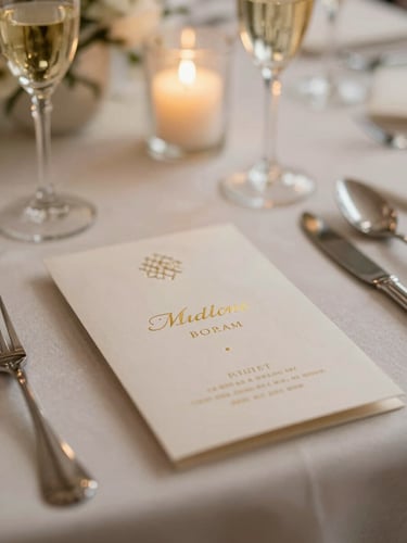 Macro shot of luxury table settings, gold-embossed invitations resting on textured silk linen, candle light reflecting on crystal glassware, shallow depth of field