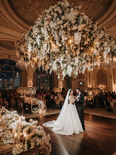 Wide environmental shot of a grand-scale wedding reception in Dubai, architectural floral canopy suspended from a high ceiling, warm dramatic ambient spotlighting, rich champagne and white tones