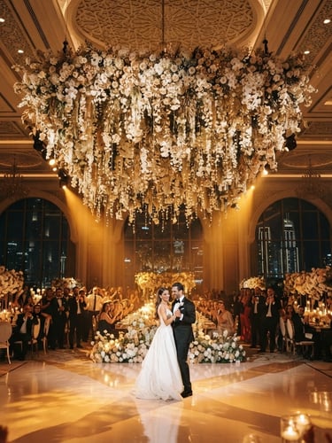 Dramatic environmental shot of a grand-scale wedding reception in Dubai, architectural floral canopy hanging from a towering ceiling, warm spotlighting, champagne tones, editorial luxury