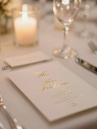 Close-up macro shot of a luxury wedding table setting, crystal glassware catching warm ambient candlelight, embossed champagne-gold invitations, soft focus