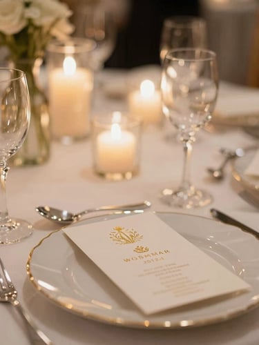 Close-up of an elegant luxury table setting, crystal glassware catching warm ambient candlelight, embossed champagne-gold invitations, shallow depth of field.