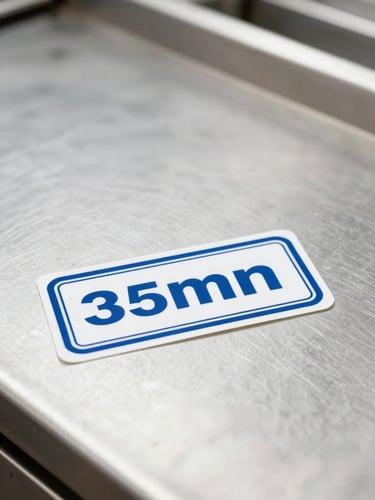 Un rapport d'intervention de nettoyage officiel avec un tampon de validation posé sur un comptoir en acier inoxydable parfaitement propre dans une cuisine de restaurant étincelante, éclairage blanc de qualité commerciale, mise au point nette, 35mm