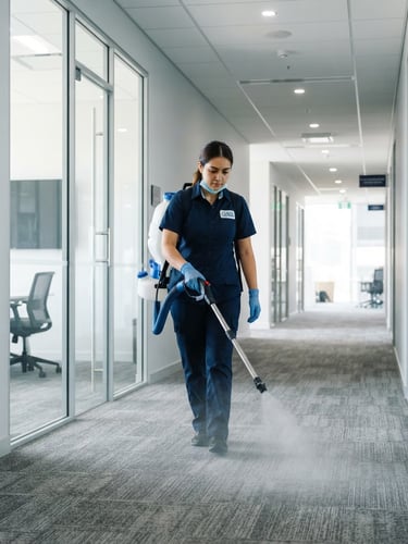 Medium shot of a professional cleaning technician in a clean navy uniform operating specialized sanitizing equipment in a pristine office corridor, bright daylight, sharp focus, 35mm