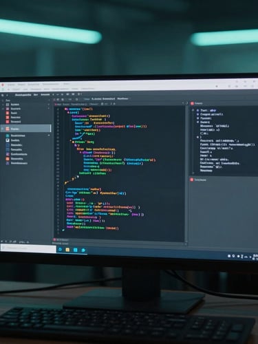 Cool-toned technical photography, sharp focus on a modern terminal screen running a React application compilation, low-key neon-teal backlighting, 35mm