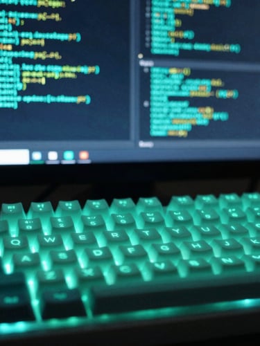 Macro focus on a mechanical keyboard and a screen displaying real-time Prometheus monitoring graphs, neon-teal glow, 35mm