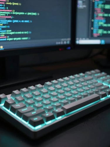 Macro shot of a mechanical keyboard and clean code on a monitor, cool-toned dark background with neon-teal backlighting, 35mm