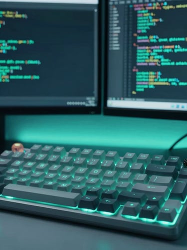 Macro 35mm shot of a mechanical keyboard and dual monitor setup displaying clean React code, low-key cool-toned neon-teal backlighting, professional developer workspace.