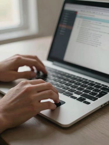 Close-up of two hands on a laptop trackpad, fingers mid-scroll on a screen showing a system diagnostics report, warm office window light from the left, muted warm gray desk surface visible beneath the laptop, shallow focus on the hands, clean and purposeful framing