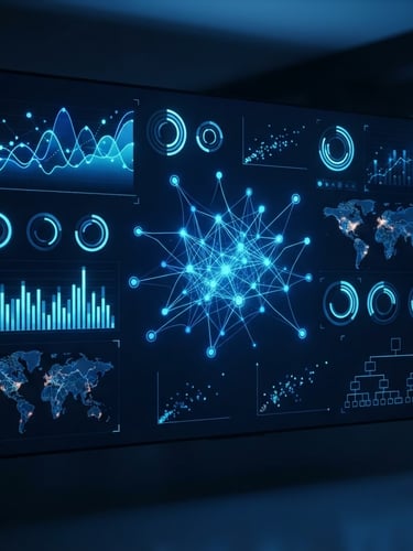Ultra-quality graphic of a clean analytics dashboard with glowing electric blue data points and sharp contrasts, cool studio lighting, 35mm
