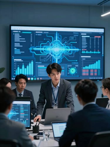 Modern office environment with a focused professional collaborating, a large screen displaying abstract data visualizations with electric blue highlights, cool studio lighting, 35mm