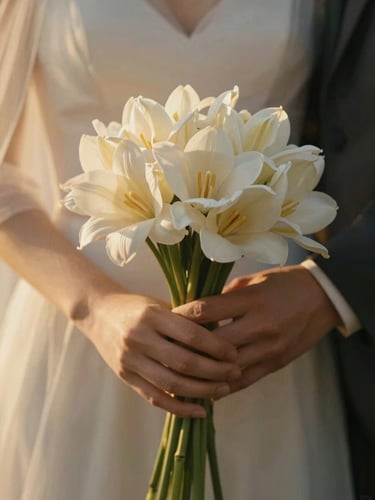 Close-up of intertwined hands holding a delicate bouquet of ivory flowers, soft golden afternoon light filtering through sheer fabric, warm tones, shallow depth of field, no faces visible