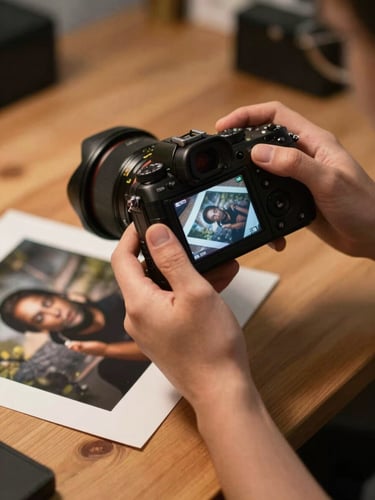 Photographer's hands reviewing images on a camera screen, warm ambient light in a quiet studio, a printed photograph resting on a wooden surface nearby, shallow focus on the hands