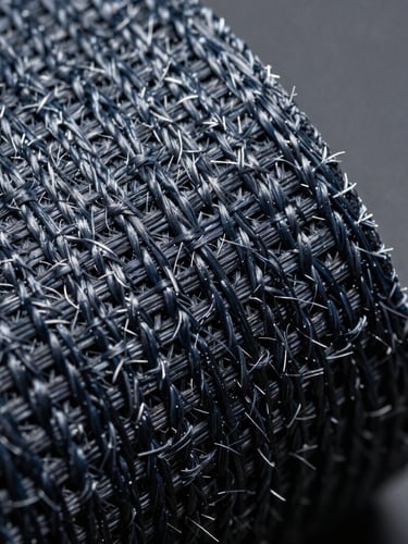 Extreme macro close-up of high-tensile technical fabric weave under intense white laboratory light, showing dense protective fibers, dark slate background, sharp focus, 35mm.