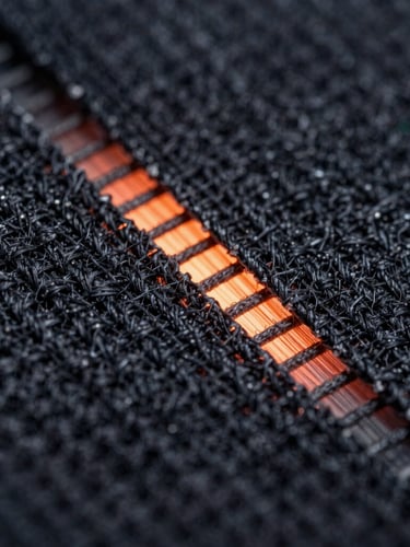 Macro texture close-up of dark technical weave fabric undergoing heat testing, subtle glowing heat elements behind the fibers, high contrast technical lighting