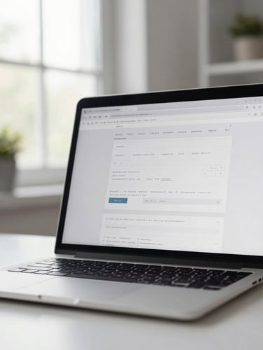 Close-up of a laptop screen displaying a website layout wireframe, natural north-facing daylight from a window to the left, clean white desk surface visible at the bottom edge, no people, sharp interface detail