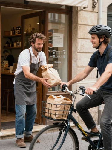 A warm, natural daylight medium shot of a local French baker handing a fresh package to a smiling bicycle courier outside a rustic bakery, 35mm lens.