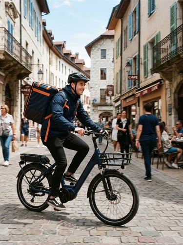 A courier on an electric bicycle navigating a sunny, historic French city street, carrying a professional delivery backpack, bright natural daylight, dynamic action shot, 35mm lens