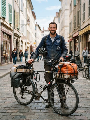 A professional French local courier smiling next to his bicycle on a sunny street in Lyon, bright daylight, authentic urban background, 35mm lens