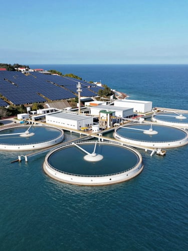 Aerial drone view of a modern coastal desalination facility, crisp blue ocean water, solar arrays on the hillside, bright natural daylight, wide-angle lens