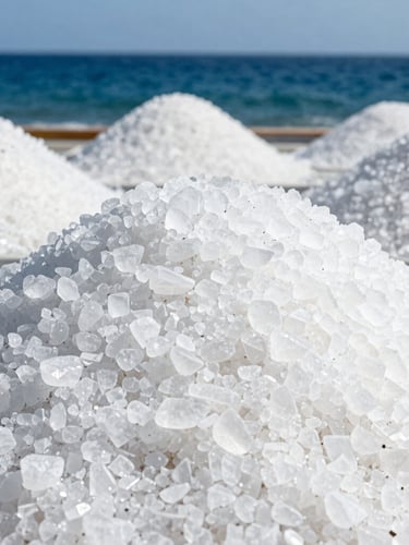 Macro photography of pure crystalline salt minerals stacked in a clean industrial collection bay, bright coastal daylight, high contrast.