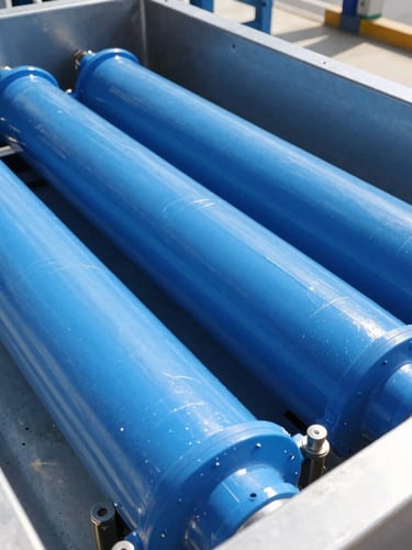 Extreme close-up of high-pressure reverse osmosis membranes inside an industrial facility, crisp blue lighting, technical steel housing.