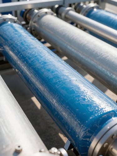 Extreme close-up of high-pressure reverse osmosis membranes inside an industrial facility, crisp metallic details, bright natural light reflecting off polished steel.