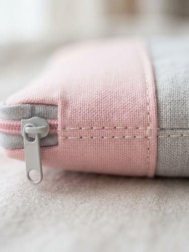 Close-up of a neatly stitched pastel pink and light gray textile accessory, showing structured fabric texture, soft diffused morning light, shallow depth of field, delicate minimalist editorial style.
