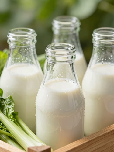 Close-up of condensation-speckled glass milk bottles and crisp green vegetables in a wooden crate, bright natural morning daylight, shallow depth of field