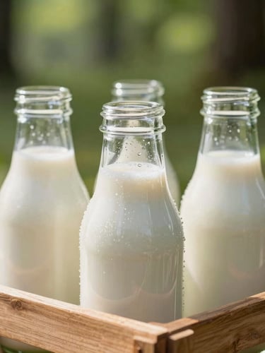 Condensation-speckled glass milk bottles standing in a wooden crate, bright natural morning daylight, rich forest green tones, shallow depth of field