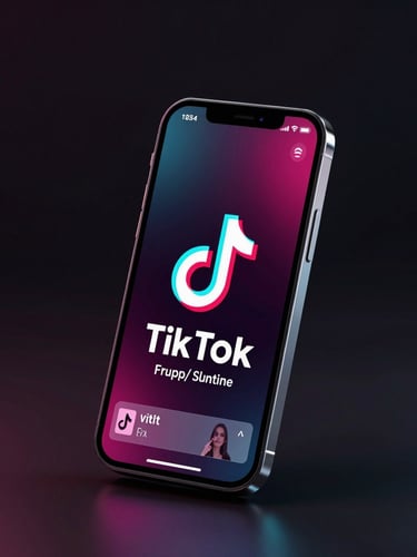 sleek 3D digital product render of a smartphone displaying a viral TikTok video with neon pink and cyan lighting, dark ambient background, high-contrast tech aesthetic