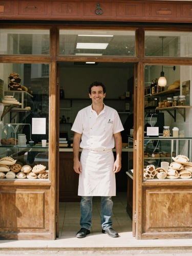 Warm editorial photography of a traditional Spanish bakery storefront with natural morning daylight, a friendly local baker standing in the doorway smiling, 35mm film look, shallow depth of field