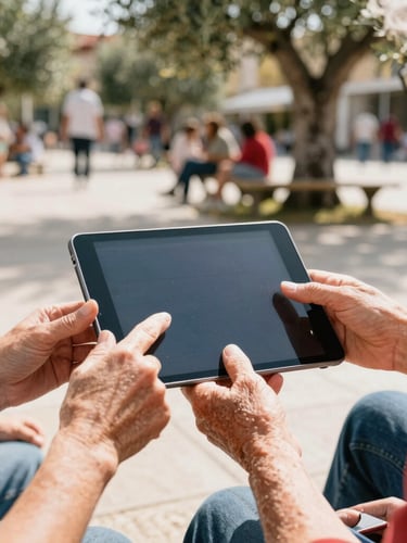 Close-up of hands of different generations sharing a tablet screen outdoors in a sunny public plaza, warm natural daylight, olive trees in the soft-focus background, authentic community action