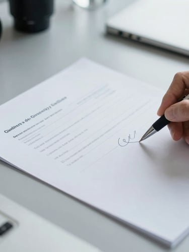Close-up of high-quality paper documents being signed on a clean slate gray desk, soft natural daylight, sharp focus on the pen, professional environment.