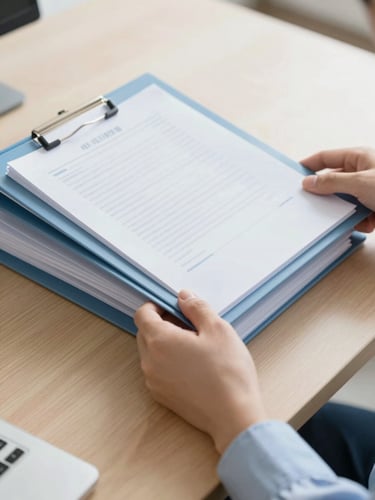 Close-up of hands organizing high-quality document folders on a clean oak desk, bright natural morning light, sharp focus, professional 35mm photography