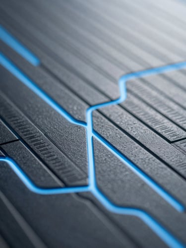 Abstract macro photography of structured data lines in cool daylight, focusing on crisp geometric patterns and glowing blue pathways, symbolizing high-precision R&D pipeline execution, structured and balanced composition.