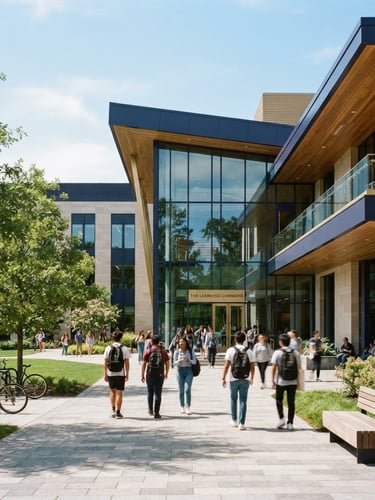 Structured composition of the modern school campus exterior, bright natural daylight, clean academic architecture, 35mm editorial photography.