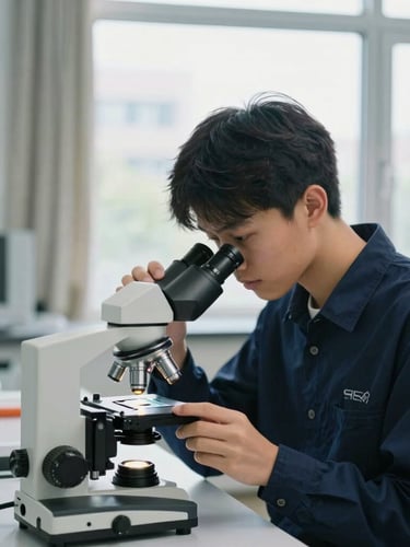 A focused student in a modern science laboratory examining a microscope slide, bright natural window light, structured 35mm editorial photography.