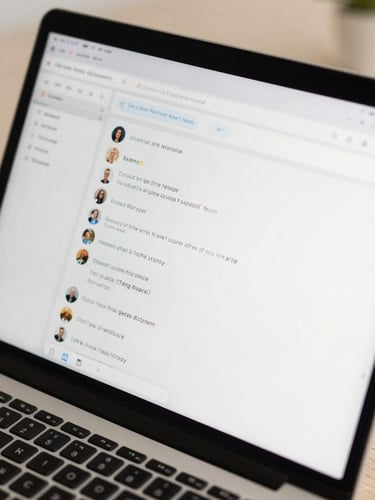 Overhead close-up of a laptop screen showing a live chat support dashboard with open conversation threads, bright even office lighting, keyboard visible at bottom edge