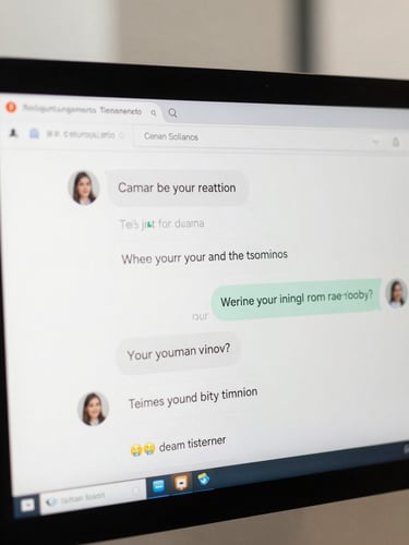 Close-up of a website chat widget on a desktop browser mid-conversation, showing natural language responses on a clean white UI, bright even office light, no people visible