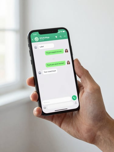 Hands holding a phone showing an active WhatsApp conversation thread, automated replies visible mid-stream, clean white background, bright even daylight from a window to the left