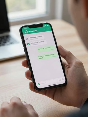 Hand holding a phone showing a WhatsApp business conversation with automated replies visible on screen, daytime window light, desk surface in background, no face visible