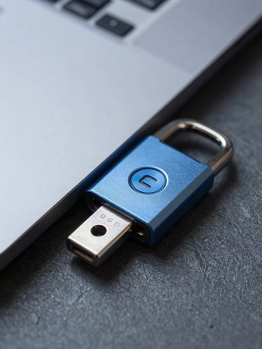 Macro shot of a secure hardware security key plugged into a sleek laptop, cool daylight, slate gray tones