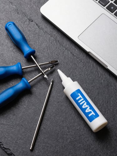 Top-down flat lay of professional IT tools, screwdrivers, thermal paste, and a clean disassembled laptop on a dark slate gray workspace, cool daylight, high clarity