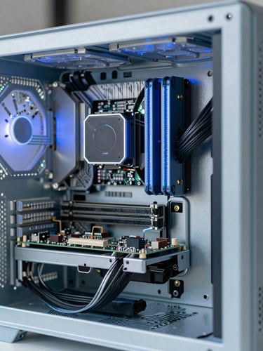 Macro shot of clean circuit boards and organized cable management inside a high-end computer tower, blue led accents, cool daylight, sharp focus