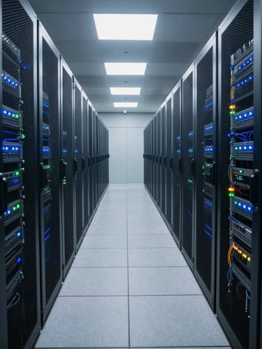 Wide environmental shot of an enterprise data center corridor, rows of server racks extending into the distance under cool LED overhead lighting, status indicator lights in blue and green, precise cable management visible along the rack sides, no people, institutional order