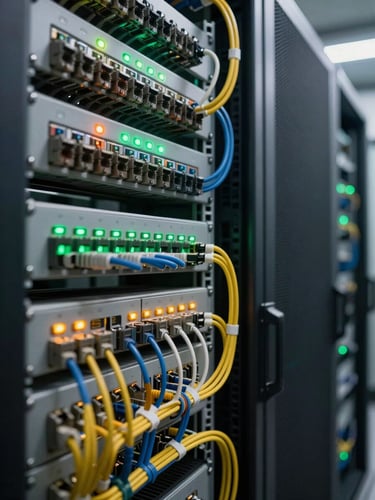 Close-up wide shot of a server rack patch panel in a working data center, dense cabling runs color-coded and organized with cable ties, status indicator lights glowing green and amber, cool fluorescent overhead lighting, shallow depth of field on the connectors, left-side framing with dark background to the right