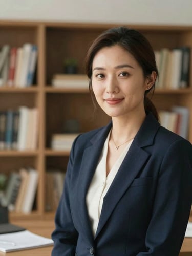 A professional female consultant in a warm, naturally lit office, soft-focus bookshelves in the background, navy blazer, looking warm and confident, 35mm editorial photography.